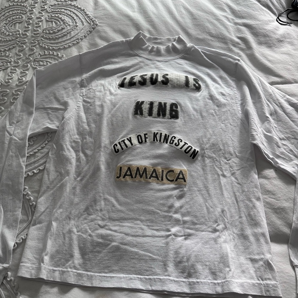 Yeezy White Long Sleeve Tee with Black Graphic